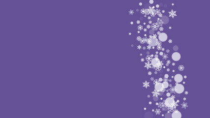 Winter border with ultra violet snowflakes. New Year backdrop. Snow frame for flyer, gift card, party invite, retail offer and ad. Christmas trendy background. Holiday frosty banner with winter border