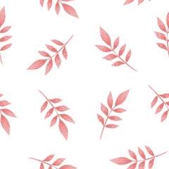 Fototapeta na wymiar Seamless pattern with beautiful watercolor pink twigs of a plant on a white background. Spring symbol print in a cute style. Raster illustration, hand drawing.