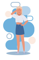 Naklejka premium A woman with a gesticulating face. Headache, frustration, or shame. Vector illustration.