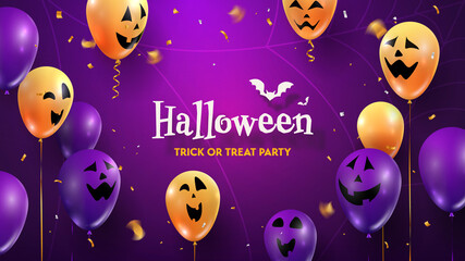 Halloween happy party scary, fun, creepy faces on balloons 3d vector illustration. Trick or treat text