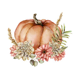 Watercolor autumn composition of pumpkin, flowers and leaves. Hand painted gourd, asters and dahlias isolated on white background. Botanical illustration for design, print, background.