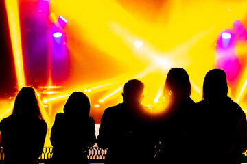 The audience looks at the variety show, the rays of stage lights.