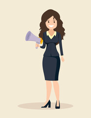 Joyful man speaks into a shout or a megaphone. The announcement of good news.