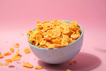 Delicious cornflakes in a plate against colored background. 