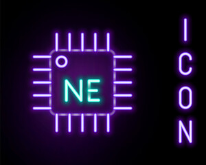 Glowing neon line Computer processor with microcircuits CPU icon isolated on black background. Chip or cpu with circuit board. Micro processor. Colorful outline concept. Vector