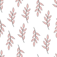 Seamless background one line leaves with pink color. Vector illustration plants isolated on white background. 