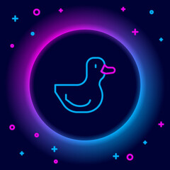 Obraz premium Glowing neon line Rubber duck icon isolated on black background. Colorful outline concept. Vector