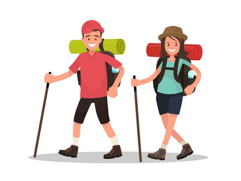 Hiking tourists walk. A young family couple. Vector illustration.