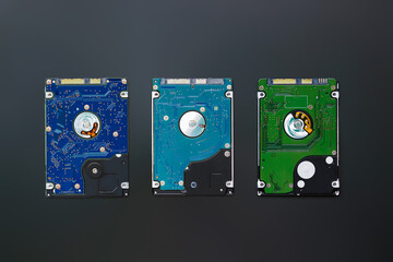 Three 2.5 inch hard disk drives from the computer, hdd isolated on dark background, top view. Part of computer pc, laptop