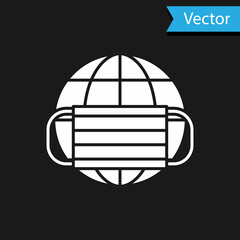 White Earth globe with medical mask icon isolated on black background. Vector.