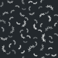 Grey Drone flying icon isolated seamless pattern on black background. Quadrocopter with video and photo camera symbol. Vector