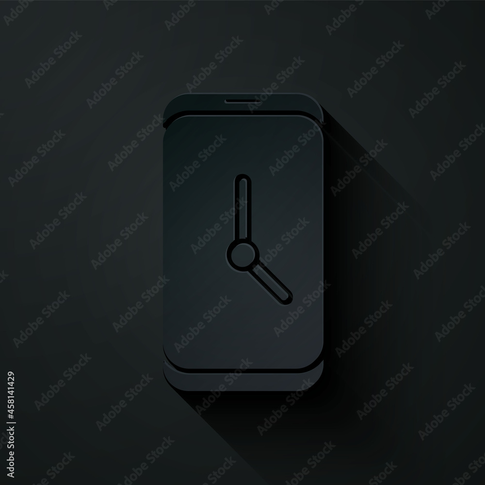 Poster paper cut alarm clock app smartphone interface icon isolated on black background. paper art style. v