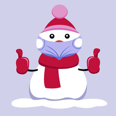 snowman in a medical mask. winter poster. the snowman raises his thumb. vector illustration. 