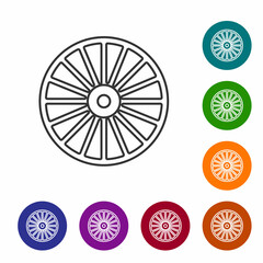 Black line Alloy wheel for a car icon isolated on white background. Set icons in color circle buttons. Vector