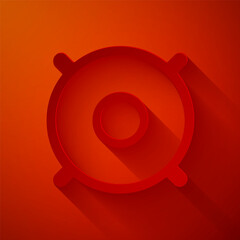 Paper cut Car audio speaker icon isolated on red background. Paper art style. Vector