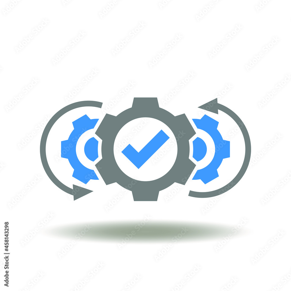 Poster vector illustration of gears mechanism with check mark and round arrows. symbol of operations.
