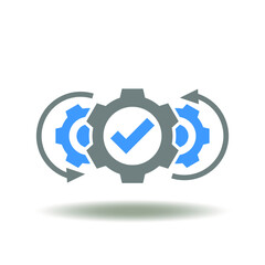 Vector illustration of gears mechanism with check mark and round arrows. Symbol of operations.