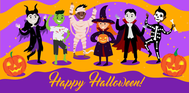 Happy Halloween greetings card with diverse cute and funny characters in costumes. Kids in halloween outfit dancing together. Vector illustration greeting card or poster in cartoon flat style.