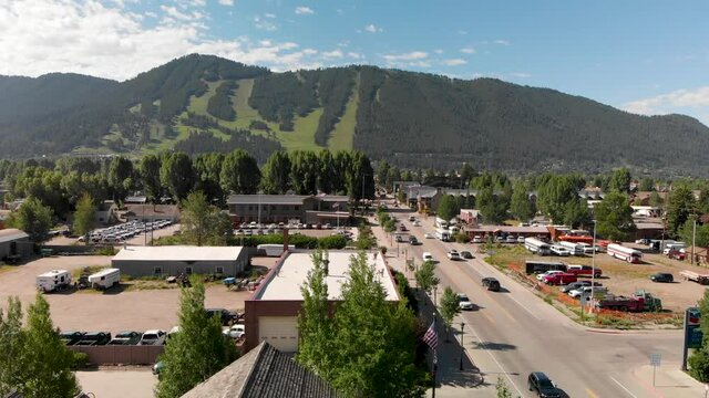 Aerial view of beautiful countryside and traffic in Jackson Hole