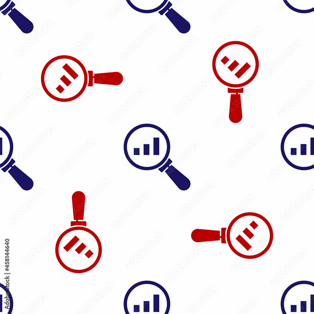 Poster blue and red magnifying glass and data analysis icon isolated seamless pattern on white background. 