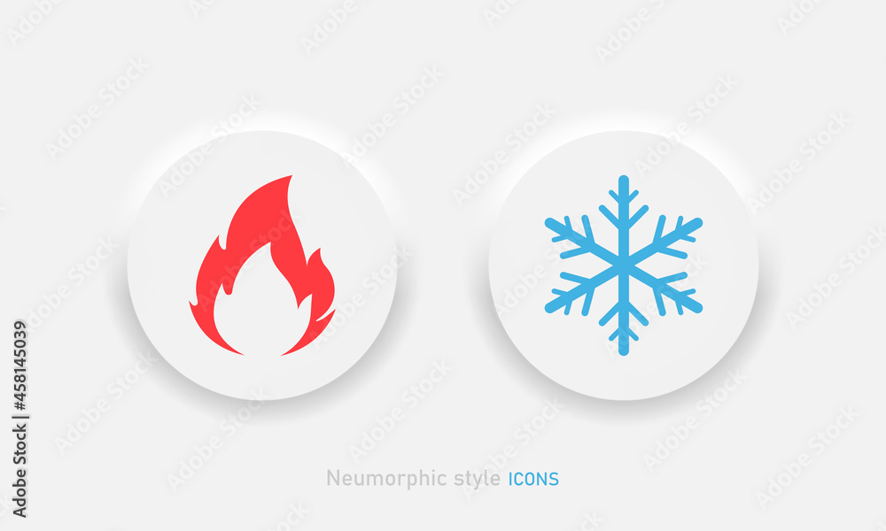 Poster hot and cold vector icon in neumorphic style. fire and snow buttons in neumorphism ui design for mob