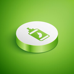 Isometric Pepper spray icon isolated on green background. OC gas. Capsicum self defense aerosol. White circle button. Vector