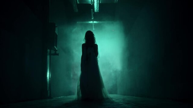 Dead walking zombie woman in dark corridor and mist close-up. Creepy bride wearing wedding dress with veil. Deceased fiancee returned to life. Horrible klip on halloween. Haunted house. 