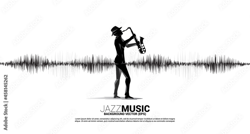 Poster vector silhouette of the saxophonist with music note icon sound wave equalizer background. concept b