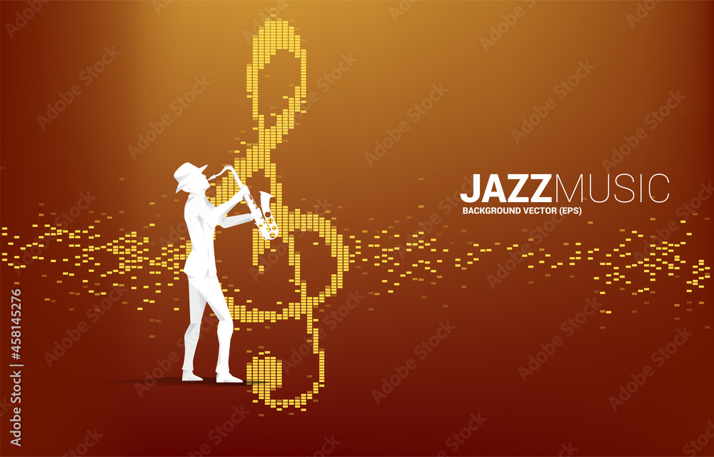 Poster vector silhouette of the saxophonist with music note icon sound wave equalizer background. concept b
