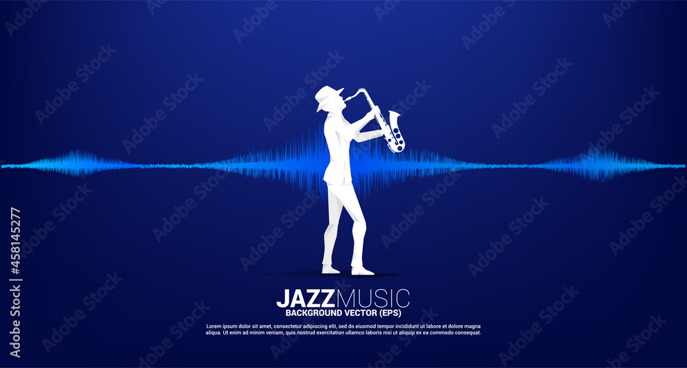Poster vector silhouette of the saxophonist with music note icon sound wave equalizer background. concept b