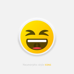 Neumorphic emoji vector icon. Positive laughing emoticon in neumorphism style isolated on gray background. Vector EPS 10