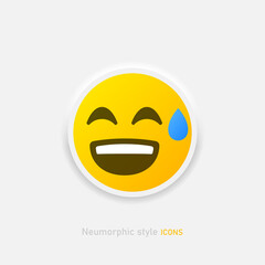 Neumorphic emoji vector icon. Positive laughs to tears emoticon in neumorphism style isolated on gray background. Vector EPS 10