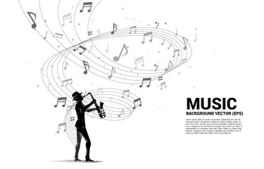 Vector silhouette of saxophonist with music melody note dancing flow . Concept background for classic music concert and recreation.
