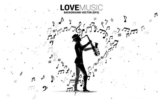Vector silhouette of saxophonist standing with music note flying as heart shape . Concept background for love song and concert theme.