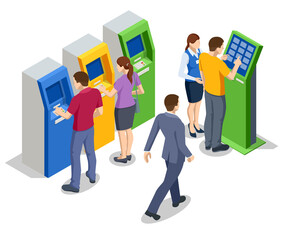 Isometric people waiting for the credit card inserting from ATM Machine. ATM service machine of a bank. Automated teller machine