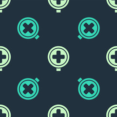 Green and beige Hospital road traffic icon isolated seamless pattern on blue background. Traffic rules and safe driving. Vector