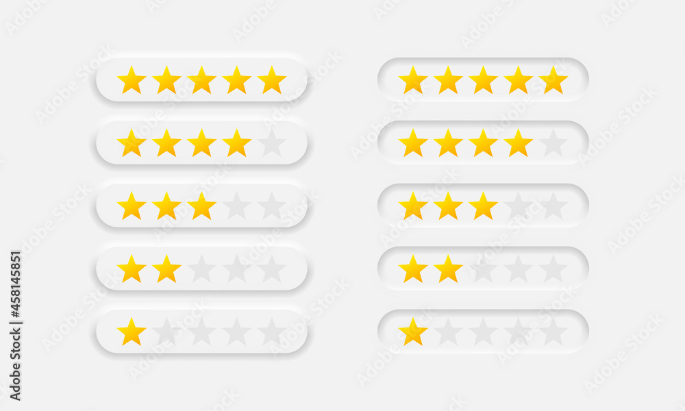 Poster rating stars from one to five vector icons set in neumorphic style. neumorphism design elements. rev