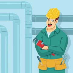 Male plumber holding spanner in front of pipes