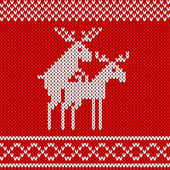 Knitted red Christmas background. Ugly christmas sweater Deer in love. Seamless pattern. Texture for fabric, wrapping, wallpaper. Decorative print. - 458146286