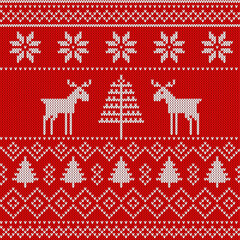 Fototapeta na wymiar red Christmas background, ornament with reindeer. Seamless pattern. Texture for fabric, wrapping, wallpaper. Decorative print.