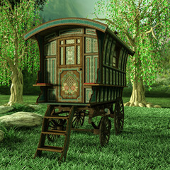 3d-illustration of an traveler waggon in a beautiful landscape