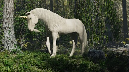 Fantasy unicorn in the fairy forest 3d illustration