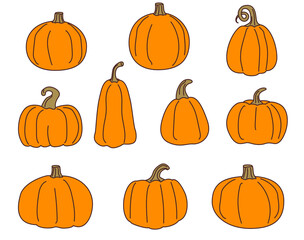 Pumpkins set collection for Halloween party. Line art clipart