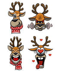 set of Christmas deer stickers. four funny illustrations with a deer's face. emoji stickers. christmas illustrations .vector illustration