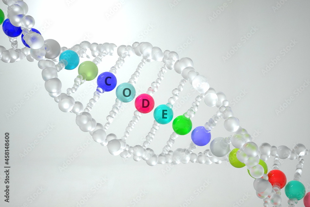 Poster dna molecule with code text. 3d rendering