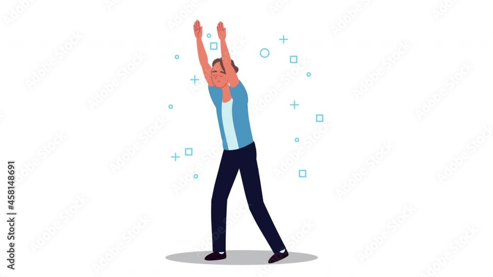 Poster man taking an active break with hands up character