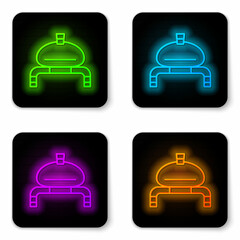 Glowing neon line Bread and salt on towel icon isolated on white background. National food loaf. Traditional ukrainian wedding bread. Black square button. Vector