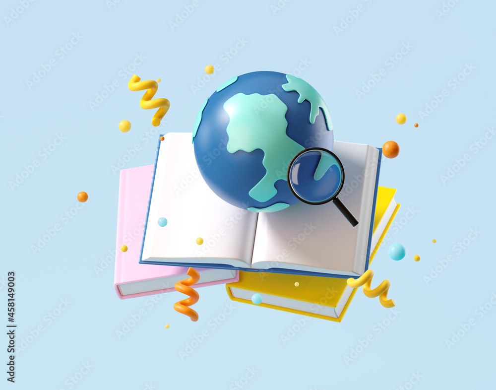 Poster minimal background for online education concept. open book with globe on blue background. 3d renderi