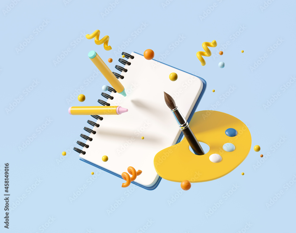 Poster minimal background for online education concept. open book with painting tools element on blue backg