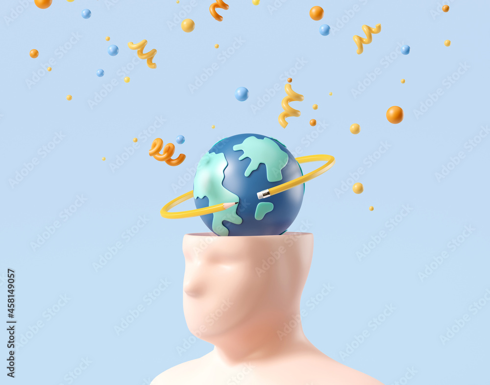 Poster minimal background for online education concept. human with globe head on blue background. 3d render